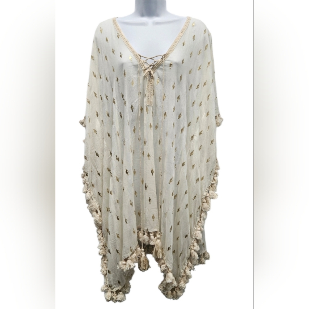 Z&L Gold Foil Cactus Print Tassel Boho Cover Up Poncho Medium Cream 100% Cotton